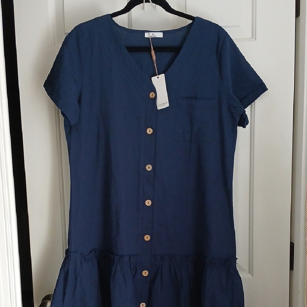 Navy Button-Front Tiered Dress